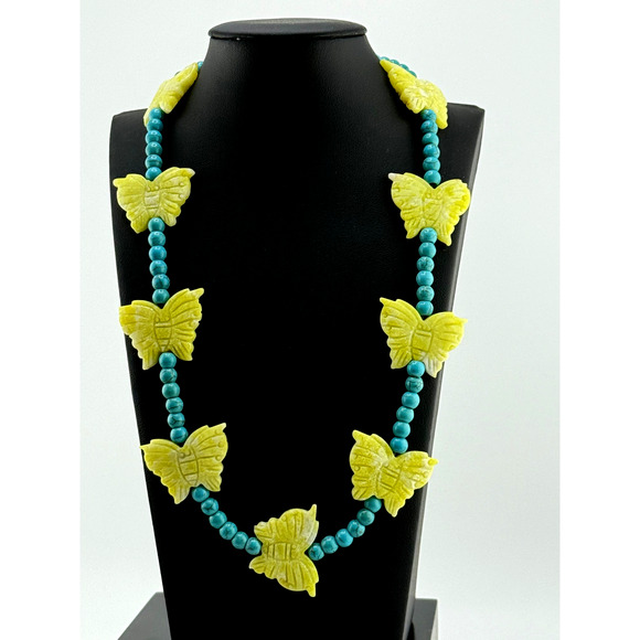 Horse Spirit Studio Jewelry - Turquoise, Carved Lemon Jade Butterfly Necklace Navajo Mary Winona Roanhorse